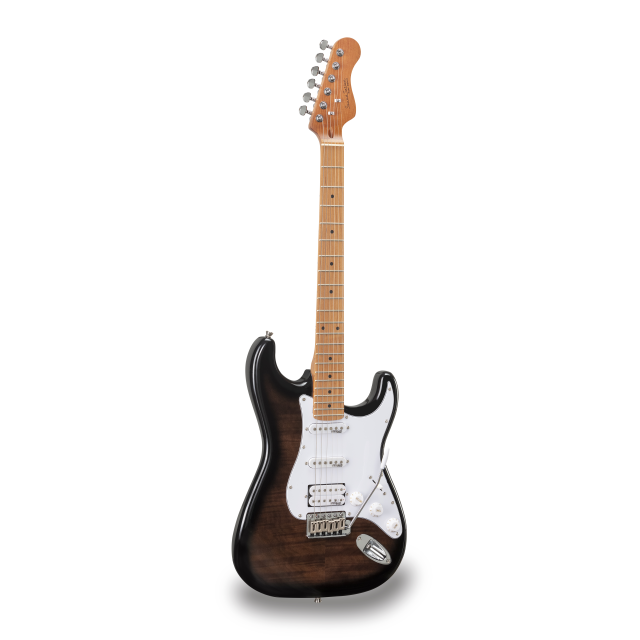 Double cutaway electric guitar with 2 single coils + splittable humbucker and self-locking tuners (Wilkinson equipped, roasted maple neck+fretboard, flamed top)