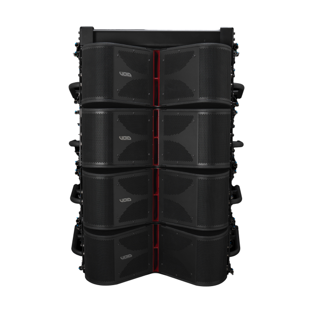 Modulo line array attivo a due vie, tre vie acustiche, con doppio driver da 8” caricato a tromba