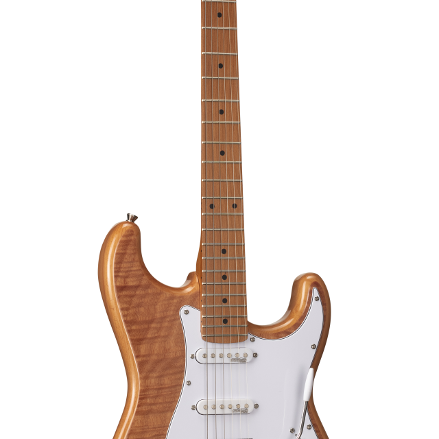 Double cutaway electric guitar with 2 single coils + splittable humbucker and self-locking tuners (Wilkinson equipped, roasted maple neck+fretboard, flamed top)