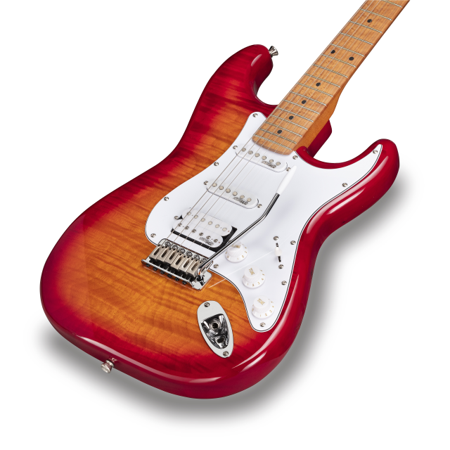 Chitarra elettrica double cutaway con 2 single coil + humbucker splittabile e meccaniche autobloccanti (equipaggiata Wilkinson, tastiera e manico in acero roasted, top fiammato)
