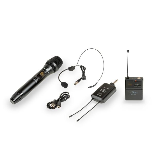 Sistema wireless compatto UHF doppio con 2x16 canali, 1 Mic. Palmare & 1 Trasm. Tascabile - 521.4-549.6MHz