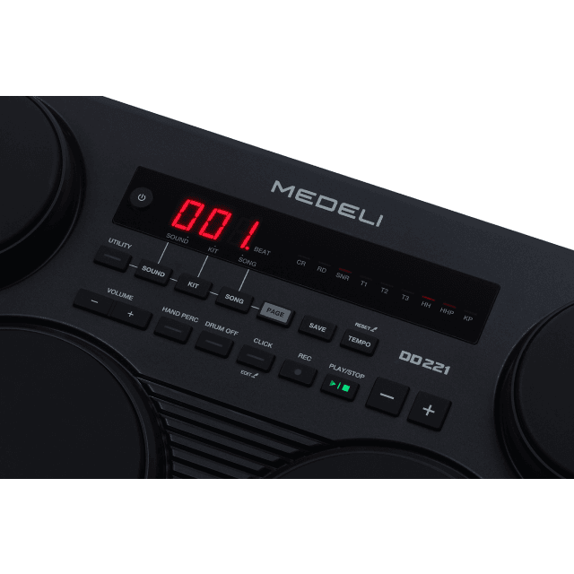 Portable drum kit with 7 touch-sensitive pads and 2 pedals