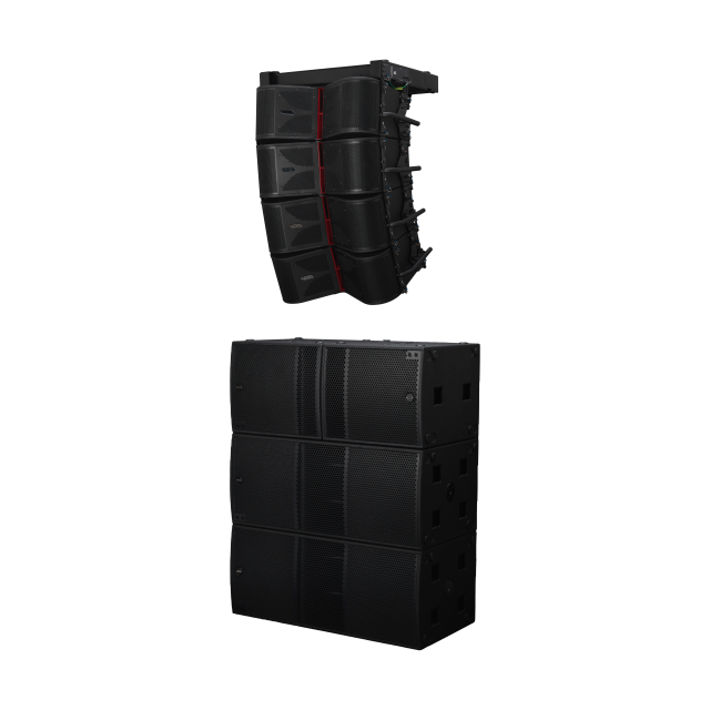 Modulo line array attivo a due vie, tre vie acustiche, con doppio driver da 8” caricato a tromba