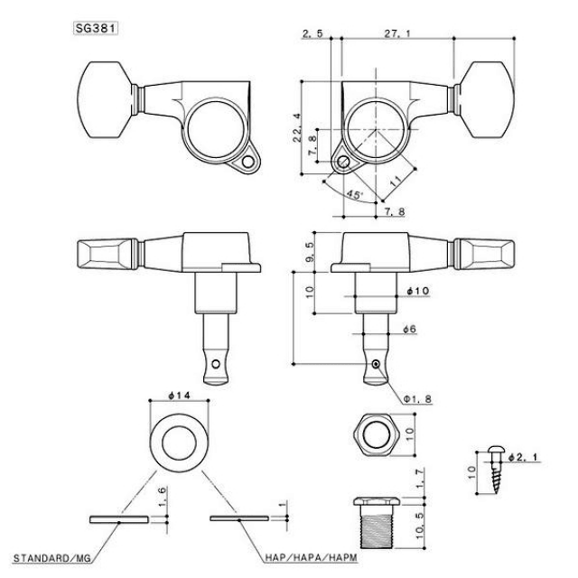 Meccaniche per Chitarra Elettrica e Acustica, 6L in linea, Cromata