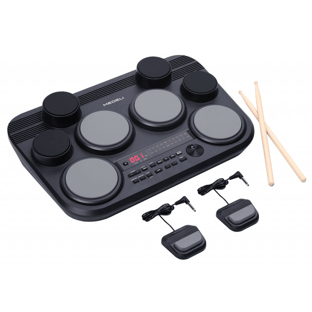 Portable drum kit with 8 touch-sensitive rubber pads and 2 pedals