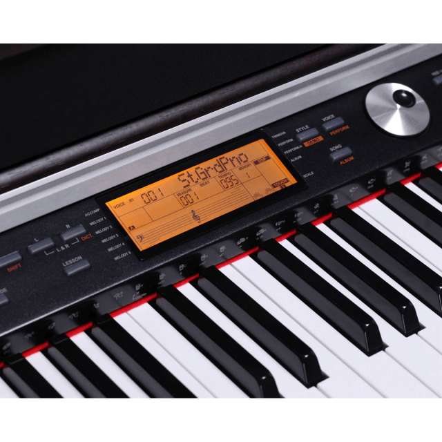 Upright digital piano with 88-Keys "Hammer Action" keyboard and rosewood finish. 