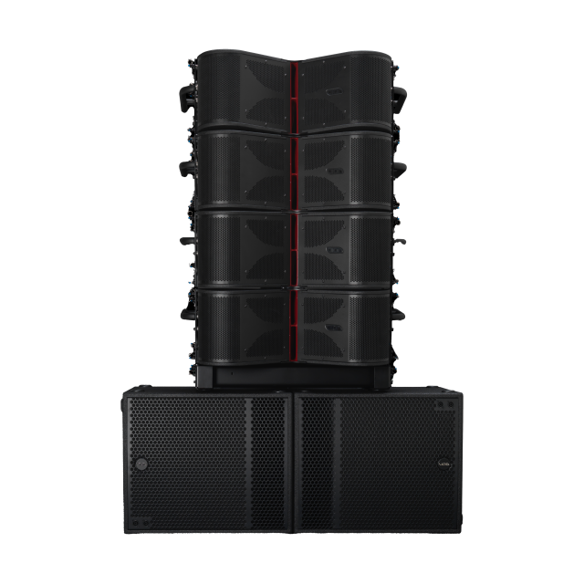 Modulo line array attivo a due vie, tre vie acustiche, con doppio driver da 8” caricato a tromba