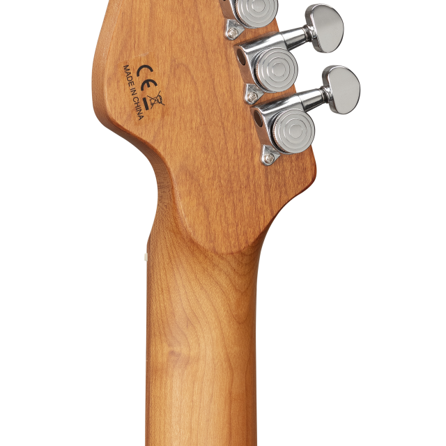 Chitarra elettrica double cutaway con 2 single coil + humbucker splittabile e meccaniche autobloccanti (equipaggiata Wilkinson, tastiera e manico in acero roasted, top fiammato)