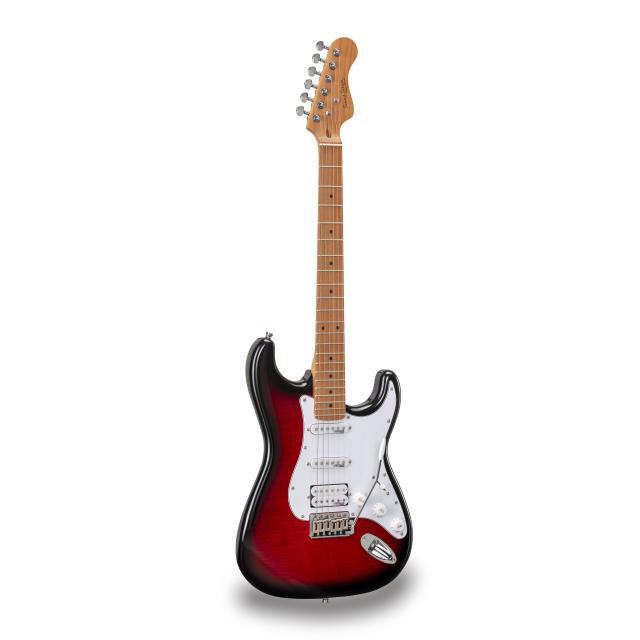 Double cutaway electric guitar with 2 single coils + splittable humbucker and self-locking tuners (Wilkinson equipped, roasted maple neck+fretboard, flamed top)
