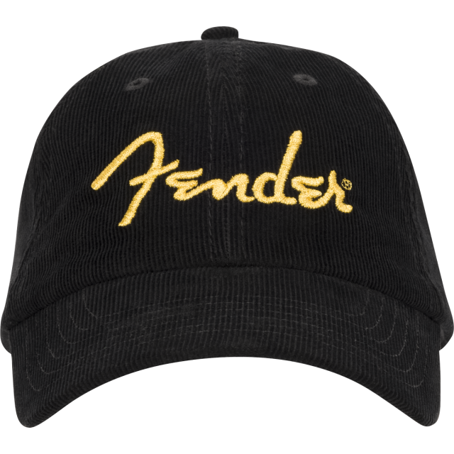 Fender® Gold Spaghetti Logo Corduroy Baseball Hat, Black, One Size