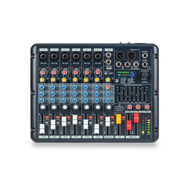 8-Channel Mixing Console with 6 Mono and 1 Stereo Channels, 24-bit 99 Effect, USB/BT, PC Interface