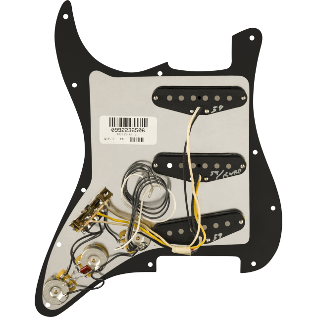 Fender Pre-Wired Strat Pickguard, Pure Vintage '59 w/RWRP Midde, Black 11 Hole PG