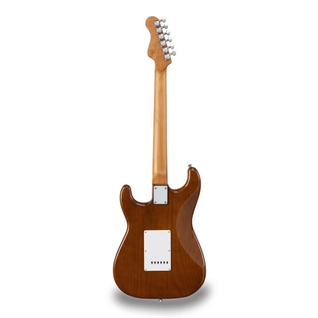 Chitarra elettrica double cutaway con 2 single coil + humbucker splittabile e meccaniche autobloccanti (equipaggiata Wilkinson, tastiera e manico in acero roasted, top fiammato)