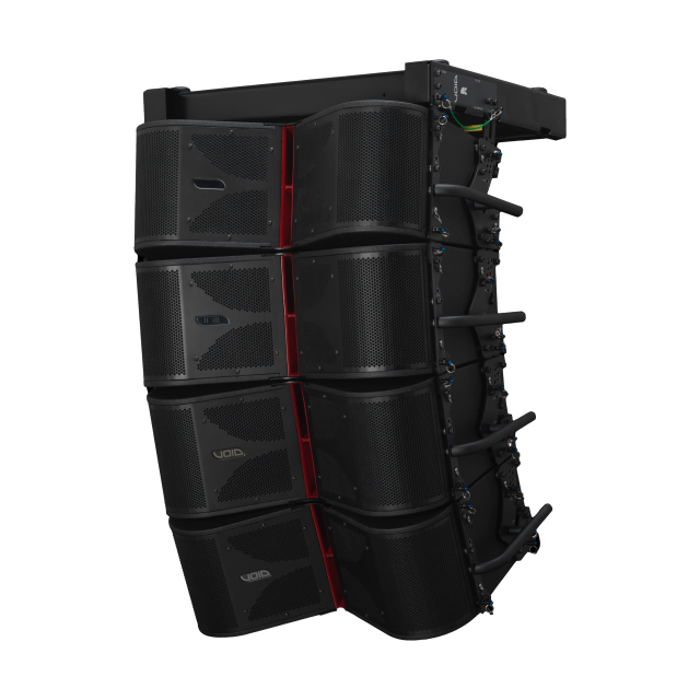 Modulo line array attivo a due vie, tre vie acustiche, con doppio driver da 8” caricato a tromba
